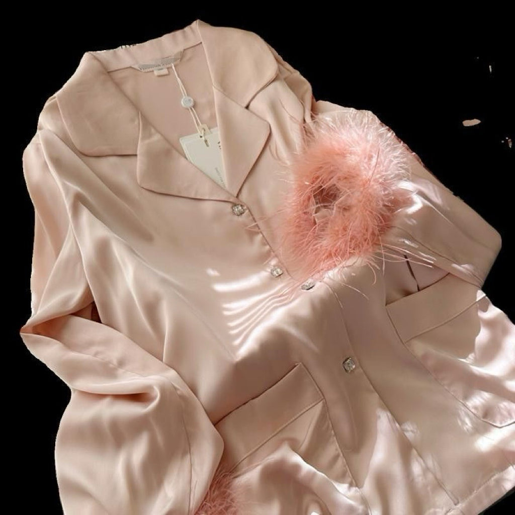 Women's 2 Piece Satin Sleepwear Fuzzy Trim Long Sleeve Button Down Shirt and Pants Pajama Set