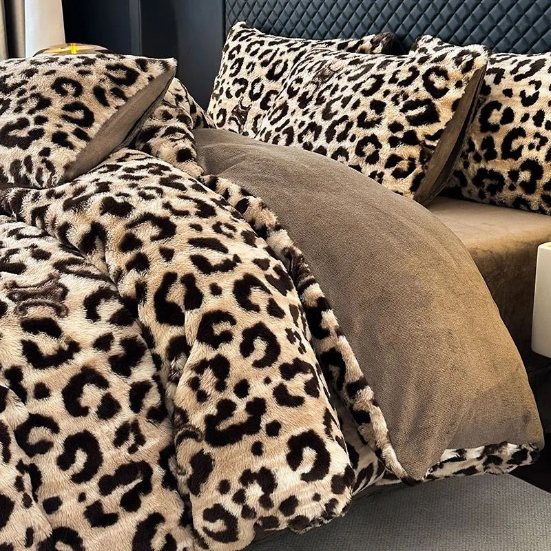 4 Pieces Vintage Print Soft Plush Faux Fur Fuzzy Comforter Cover Bedding Set