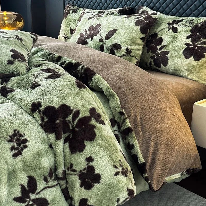 4 Pieces Vintage Print Soft Plush Faux Fur Fuzzy Comforter Cover Bedding Set