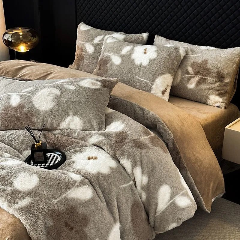 4 Pieces Vintage Print Soft Plush Faux Fur Fuzzy Comforter Cover Bedding Set