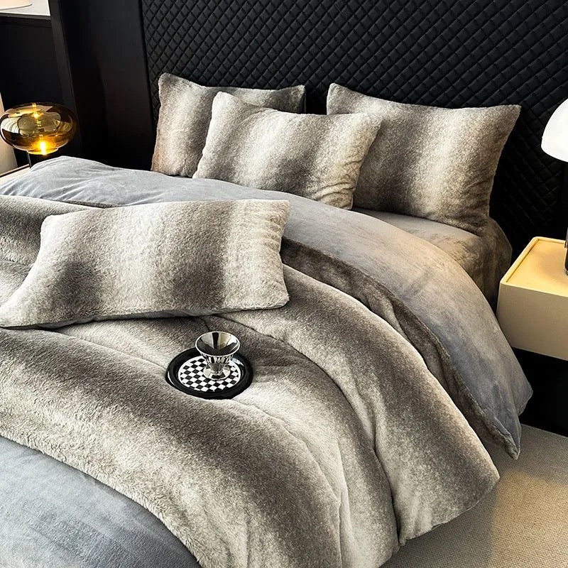 4 Pieces Vintage Print Soft Plush Faux Fur Fuzzy Comforter Cover Bedding Set