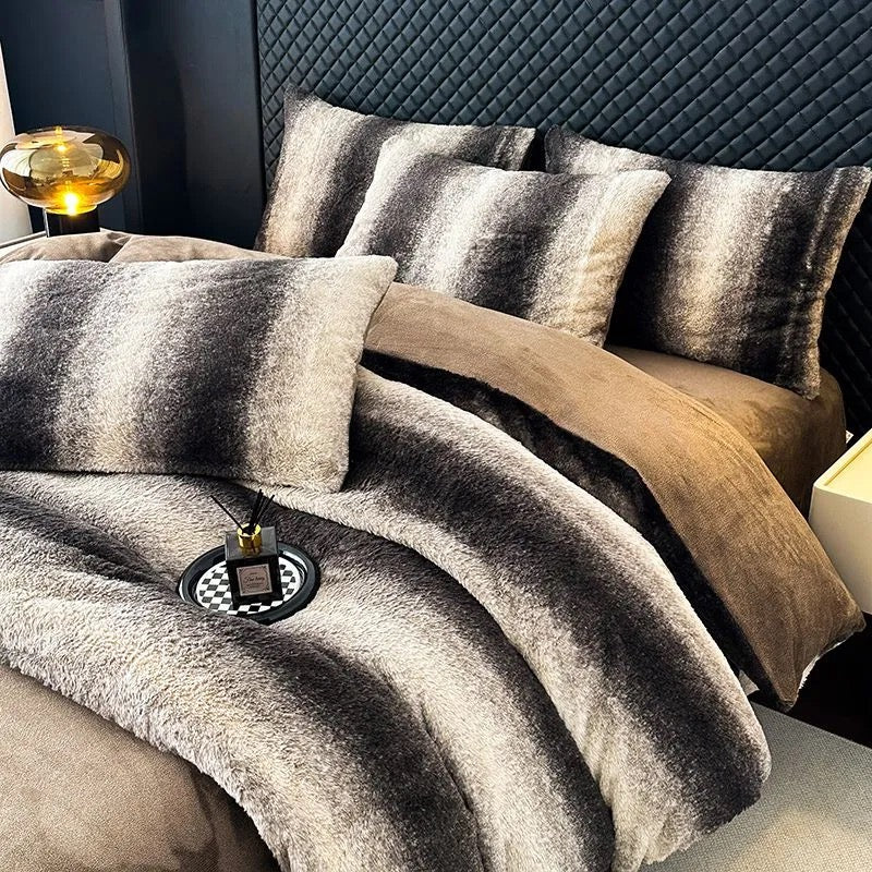 4 Pieces Vintage Print Soft Plush Faux Fur Fuzzy Comforter Cover Bedding Set