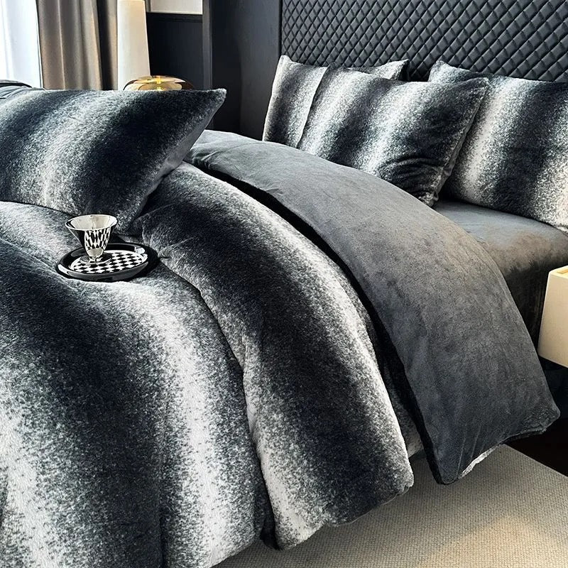 4 Pieces Vintage Print Soft Plush Faux Fur Fuzzy Comforter Cover Bedding Set