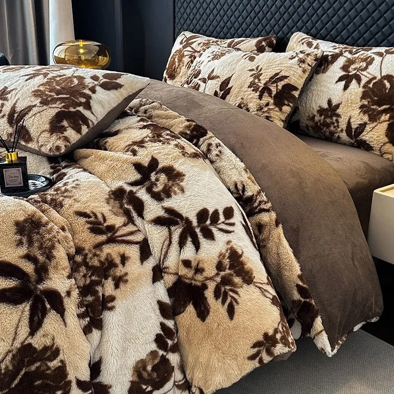 4 Pieces Vintage Print Soft Plush Faux Fur Fuzzy Comforter Cover Bedding Set