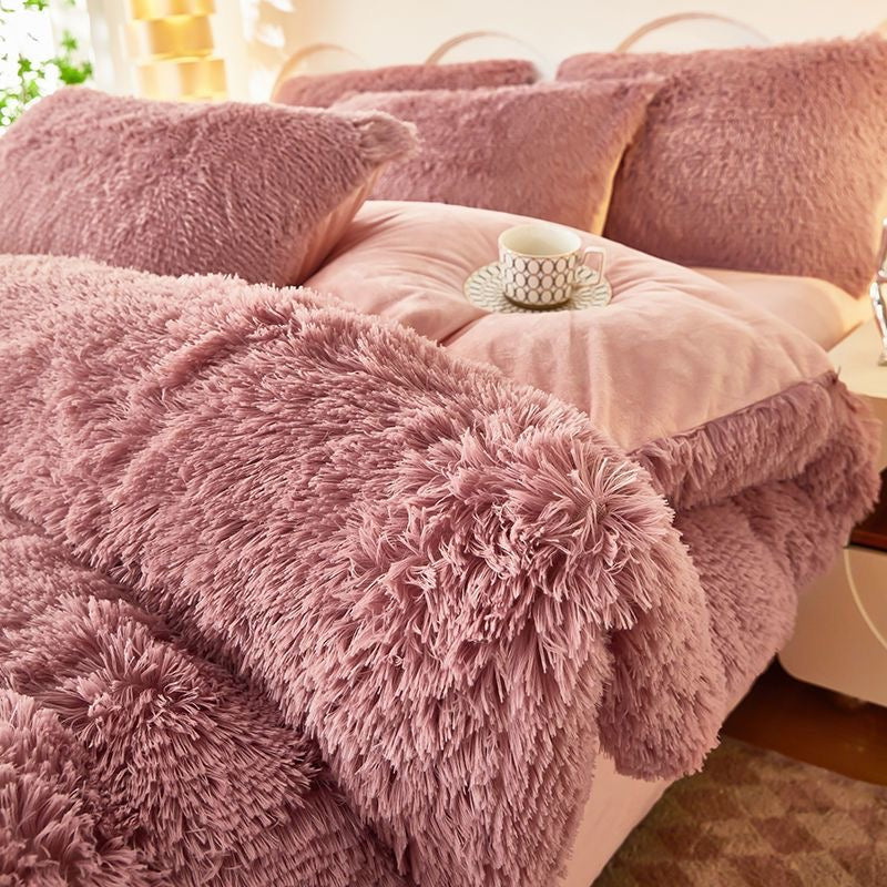 4 Pieces Colorful Fluffy Faux Fur Comforter Cover Bedding Set