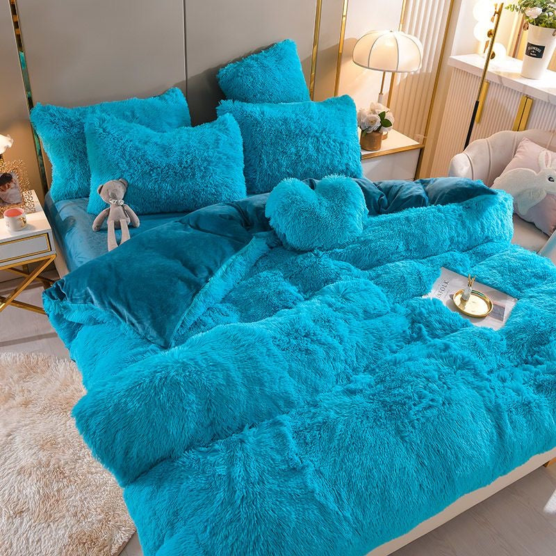 4 Pieces Colorful Fluffy Faux Fur Comforter Cover Bedding Set