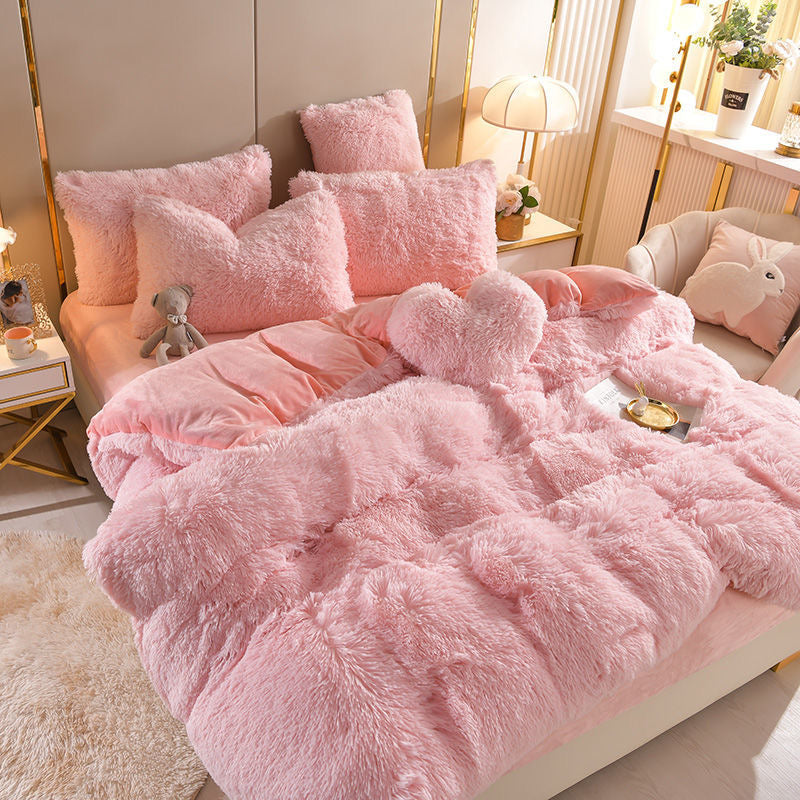 4 Pieces Colorful Fluffy Faux Fur Comforter Cover Bedding Set