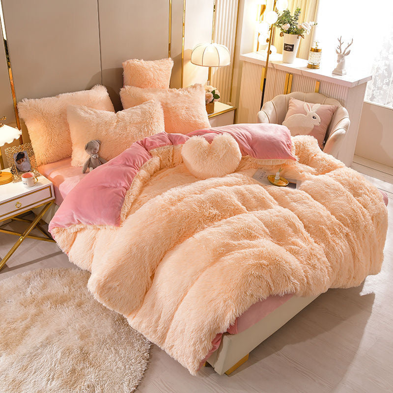 4 Pieces Colorful Fluffy Faux Fur Comforter Cover Bedding Set