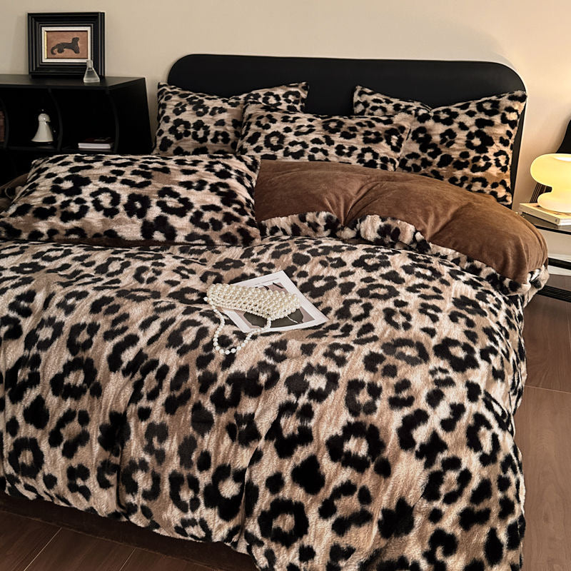 4 Pieces Vintage Print Soft Plush Faux Fur Fuzzy Comforter Cover Bedding Set