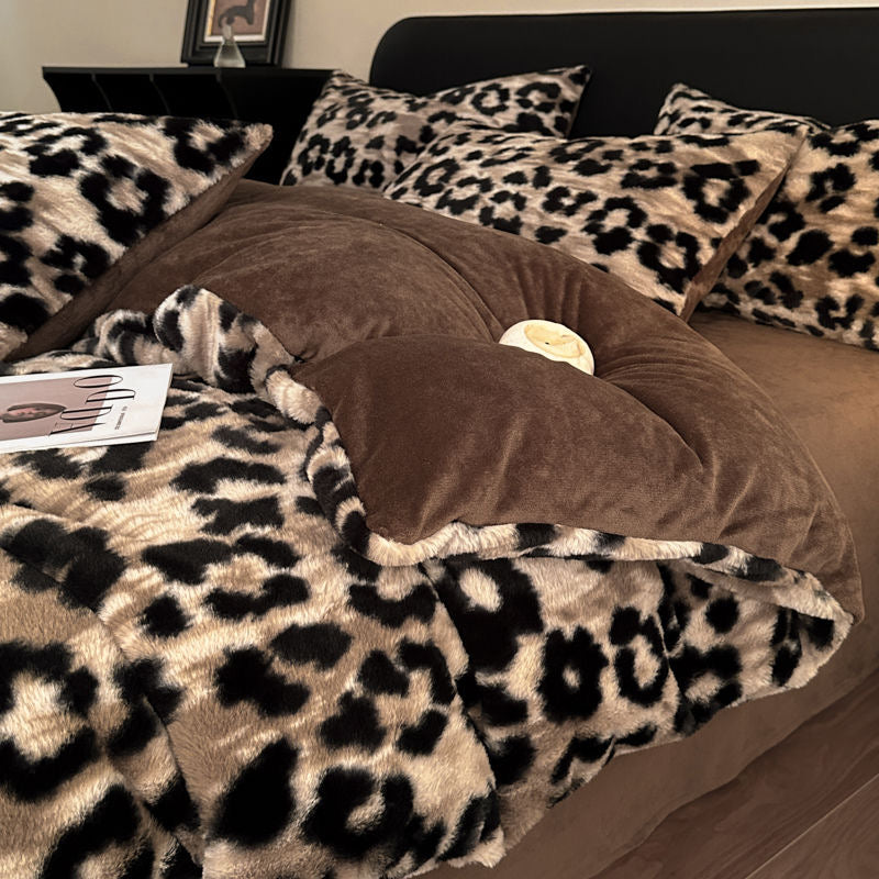 4 Pieces Vintage Print Soft Plush Faux Fur Fuzzy Comforter Cover Bedding Set