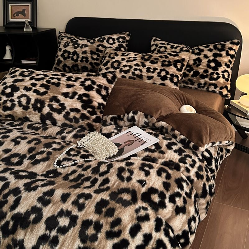 4 Pieces Vintage Print Soft Plush Faux Fur Fuzzy Comforter Cover Bedding Set