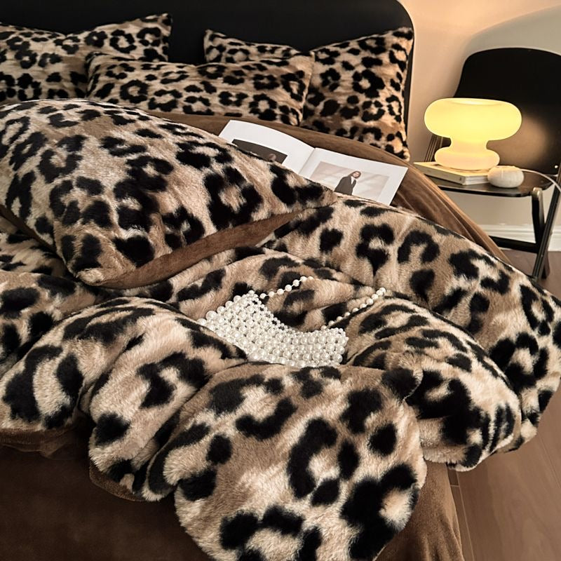 4 Pieces Vintage Print Soft Plush Faux Fur Fuzzy Comforter Cover Bedding Set