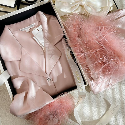 Women's 2 Piece Satin Sleepwear Fuzzy Trim Long Sleeve Button Down Shirt and Pants Pajama Set