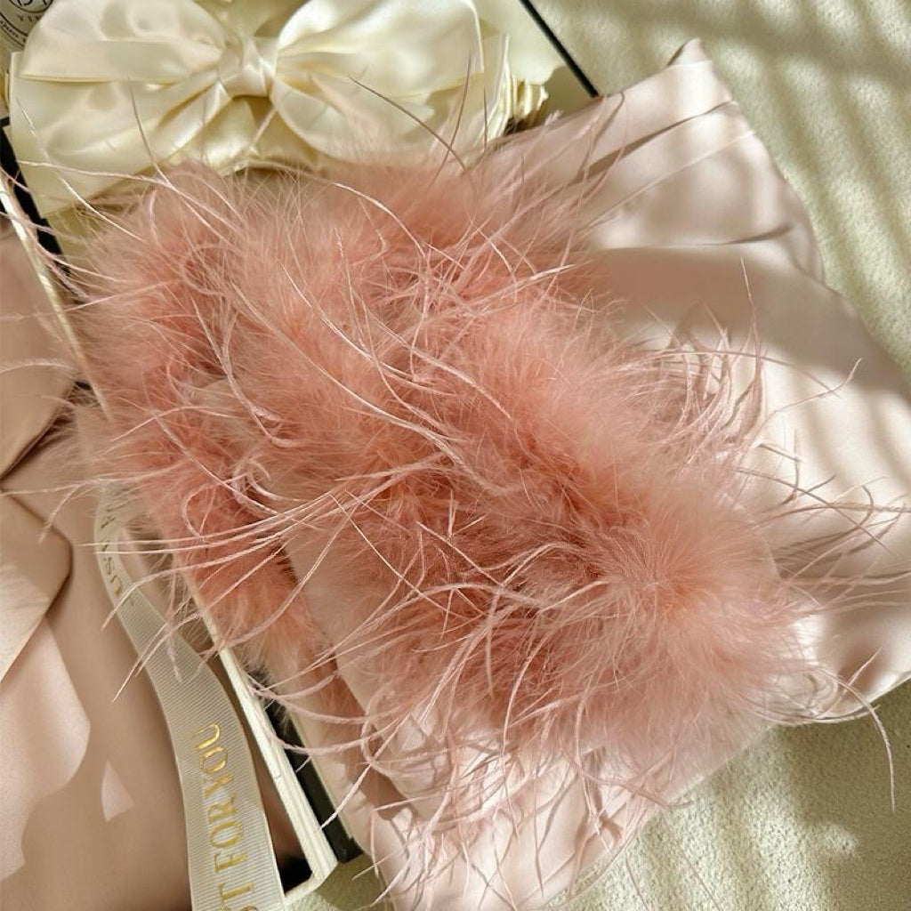 Women's 2 Piece Satin Sleepwear Fuzzy Trim Long Sleeve Button Down Shirt and Pants Pajama Set