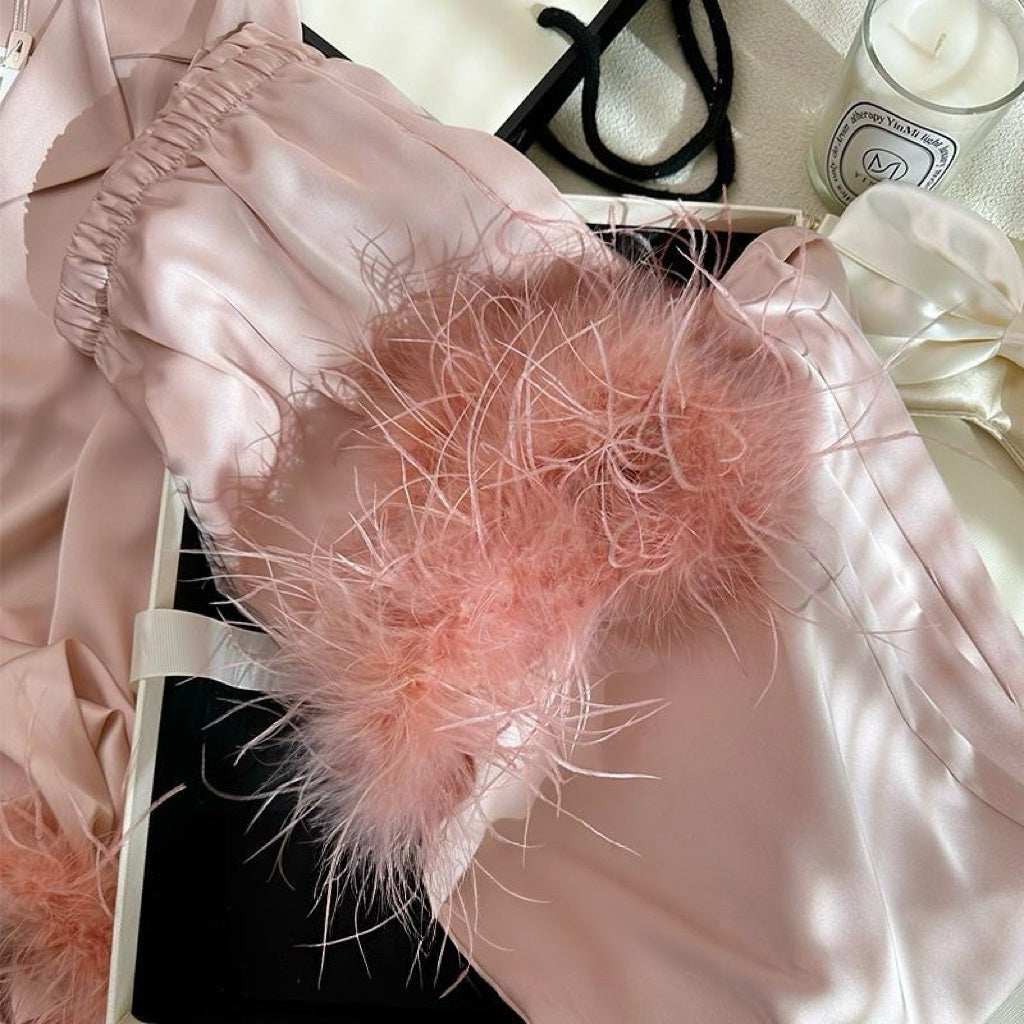 Women's 2 Piece Satin Sleepwear Fuzzy Trim Long Sleeve Button Down Shirt and Pants Pajama Set