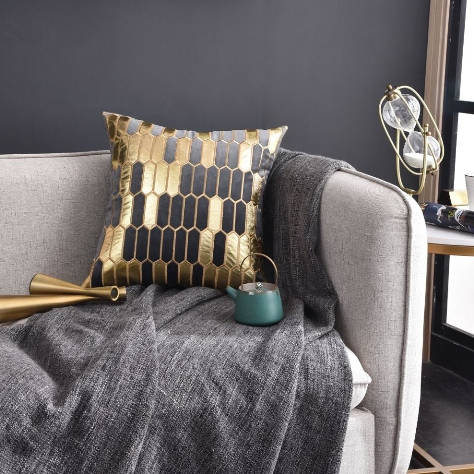 Geometric Luxury Decorative Embroidered Velvet Gold Leather Striped Pillow Cover for Couch Living Room Bedroom