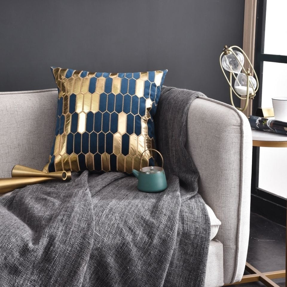 Geometric Luxury Decorative Embroidered Velvet Gold Leather Striped Pillow Cover for Couch Living Room Bedroom