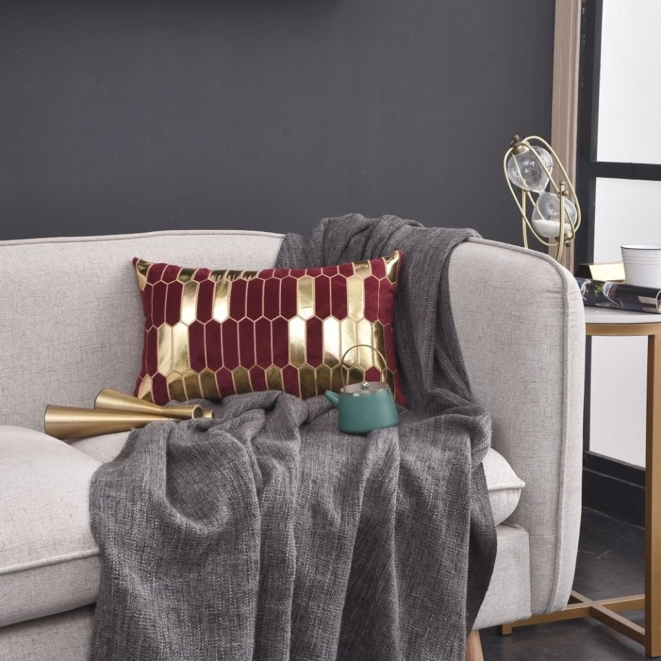 Geometric Luxury Decorative Embroidered Velvet Gold Leather Striped Pillow Cover for Couch Living Room Bedroom