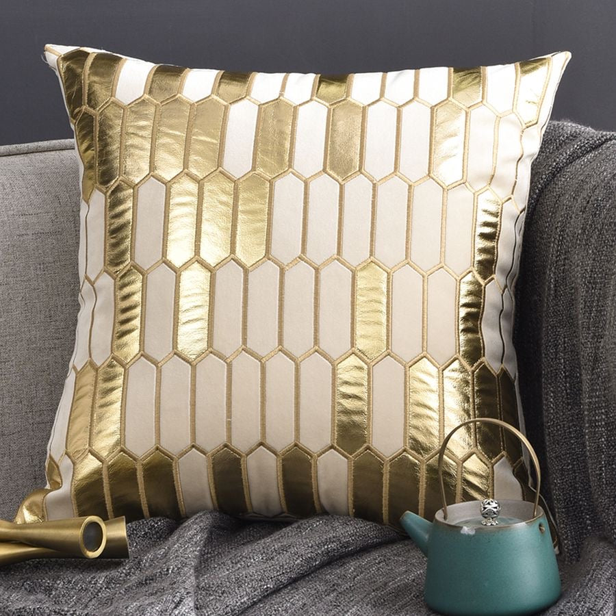 Geometric Luxury Decorative Embroidered Velvet Gold Leather Striped Pillow Cover for Couch Living Room Bedroom