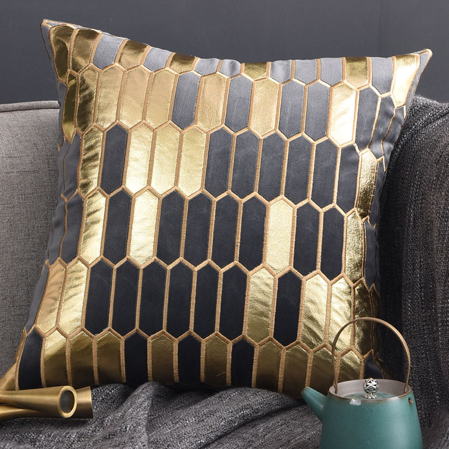 Geometric Luxury Decorative Embroidered Velvet Gold Leather Striped Pillow Cover for Couch Living Room Bedroom