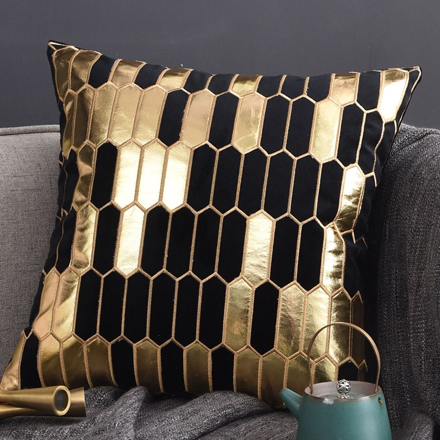 Geometric Luxury Decorative Embroidered Velvet Gold Leather Striped Pillow Cover for Couch Living Room Bedroom