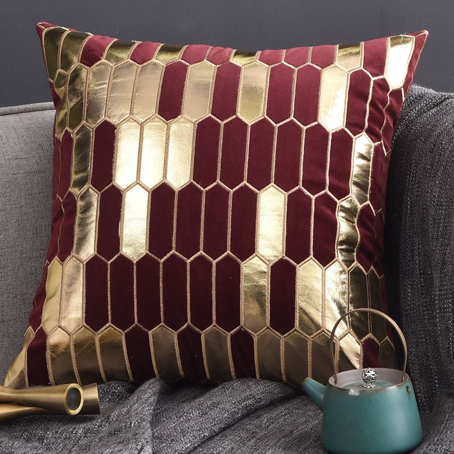 Geometric Luxury Decorative Embroidered Velvet Gold Leather Striped Pillow Cover for Couch Living Room Bedroom