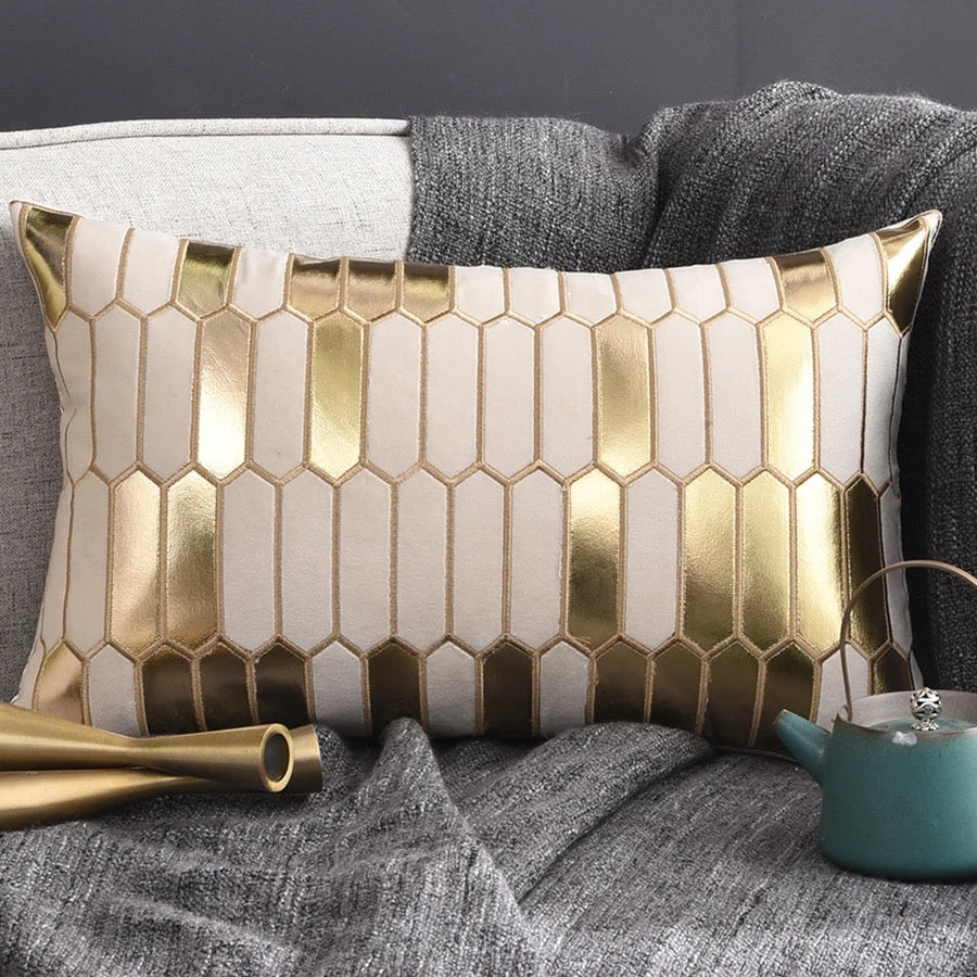 Geometric Luxury Decorative Embroidered Velvet Gold Leather Striped Pillow Cover for Couch Living Room Bedroom