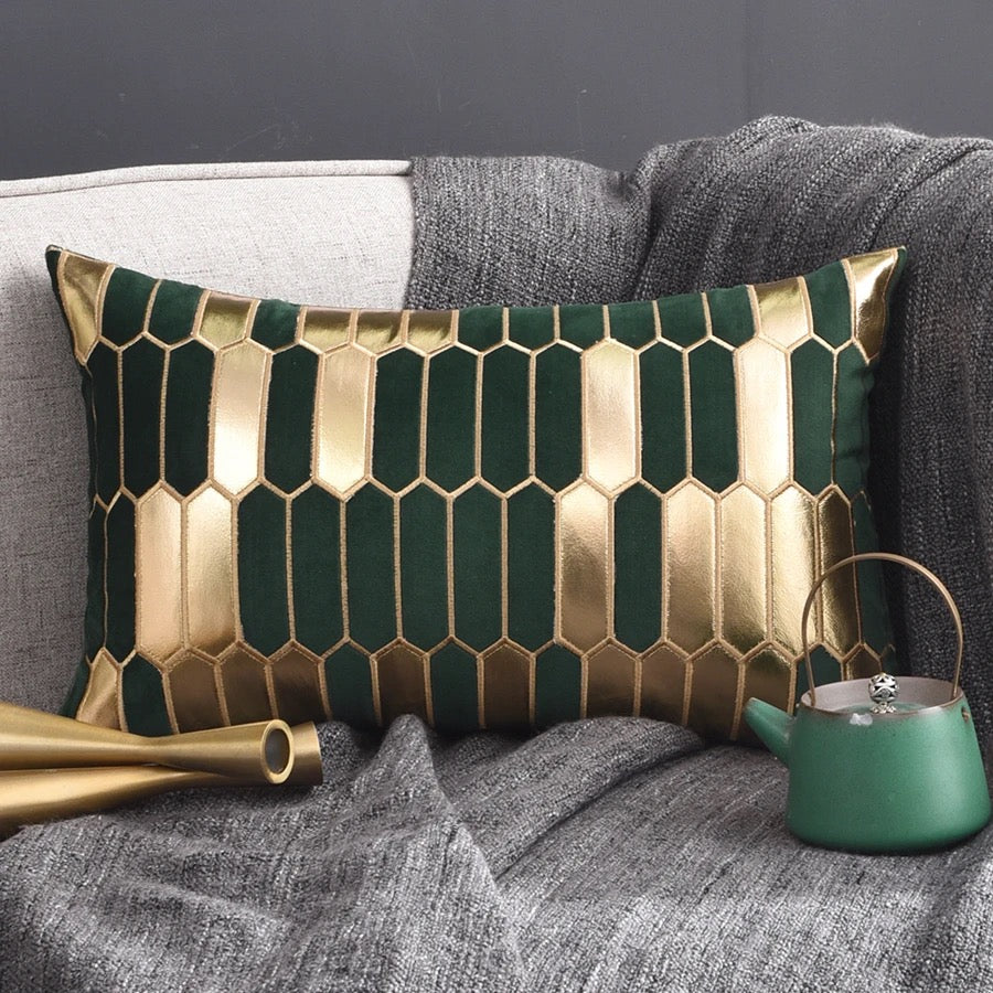 Geometric Luxury Decorative Embroidered Velvet Gold Leather Striped Pillow Cover for Couch Living Room Bedroom