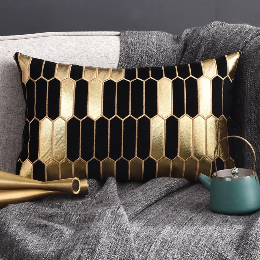 Geometric Luxury Decorative Embroidered Velvet Gold Leather Striped Pillow Cover for Couch Living Room Bedroom
