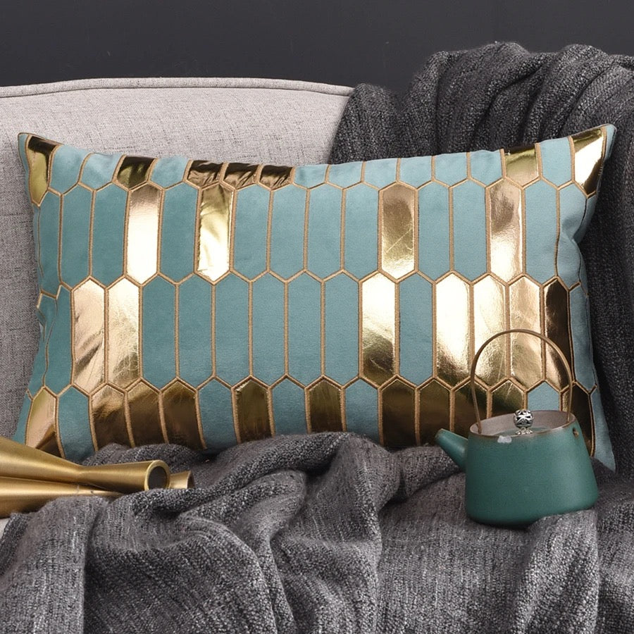 Geometric Luxury Decorative Embroidered Velvet Gold Leather Striped Pillow Cover for Couch Living Room Bedroom