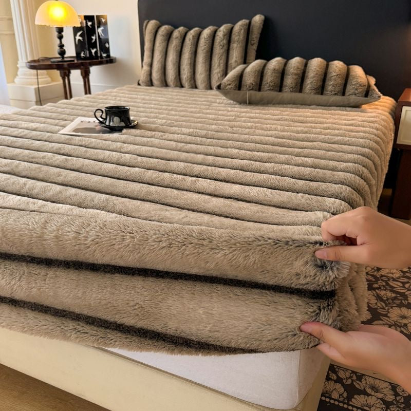 Classic Luxury Soft Faux Rabbit Fur Striped Mattress Cover Bed Sheet Set
