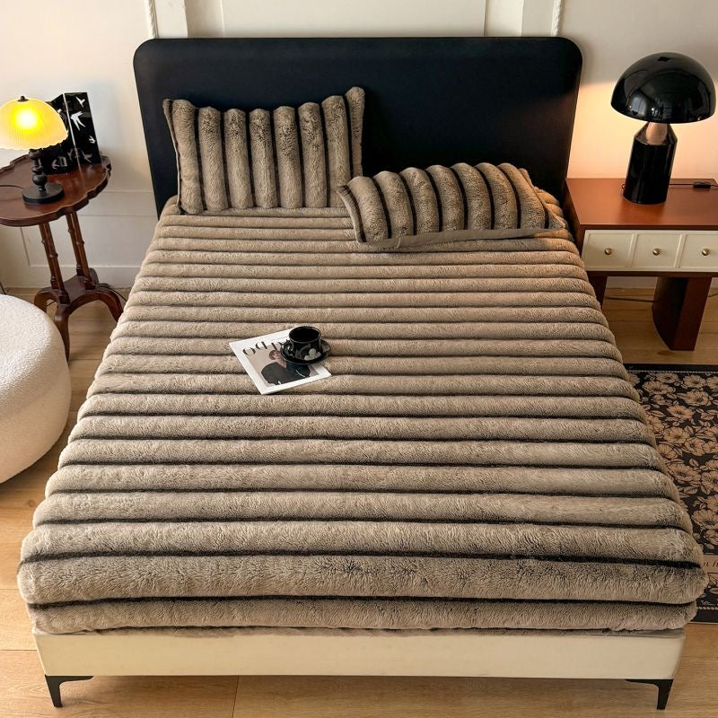 Classic Luxury Soft Faux Rabbit Fur Striped Mattress Cover Bed Sheet Set