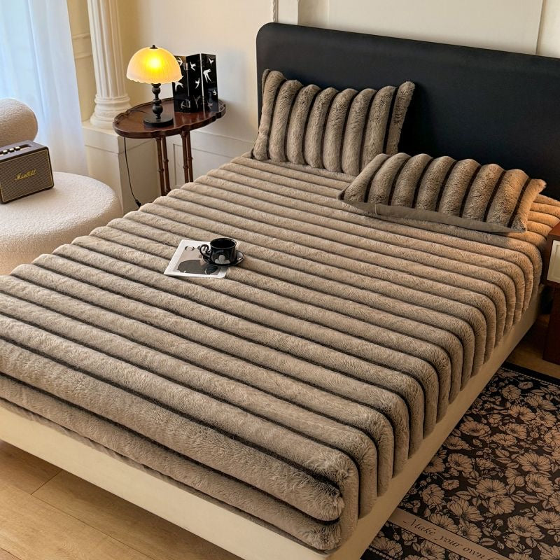 Classic Luxury Soft Faux Rabbit Fur Striped Mattress Cover Bed Sheet Set