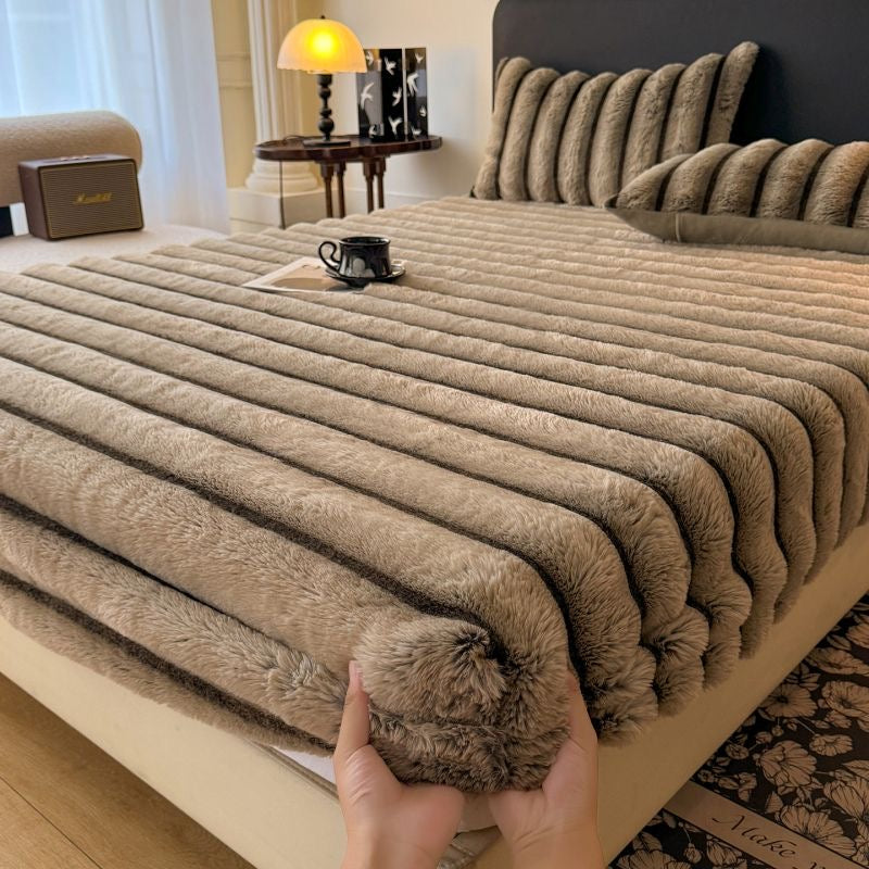 Classic Luxury Soft Faux Rabbit Fur Striped Mattress Cover Bed Sheet Set