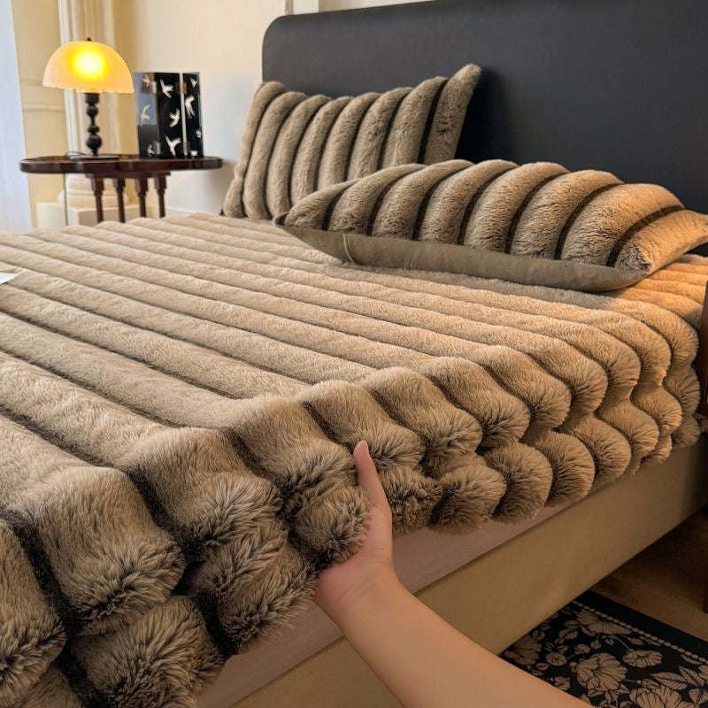Classic Luxury Soft Faux Rabbit Fur Striped Mattress Cover Bed Sheet Set