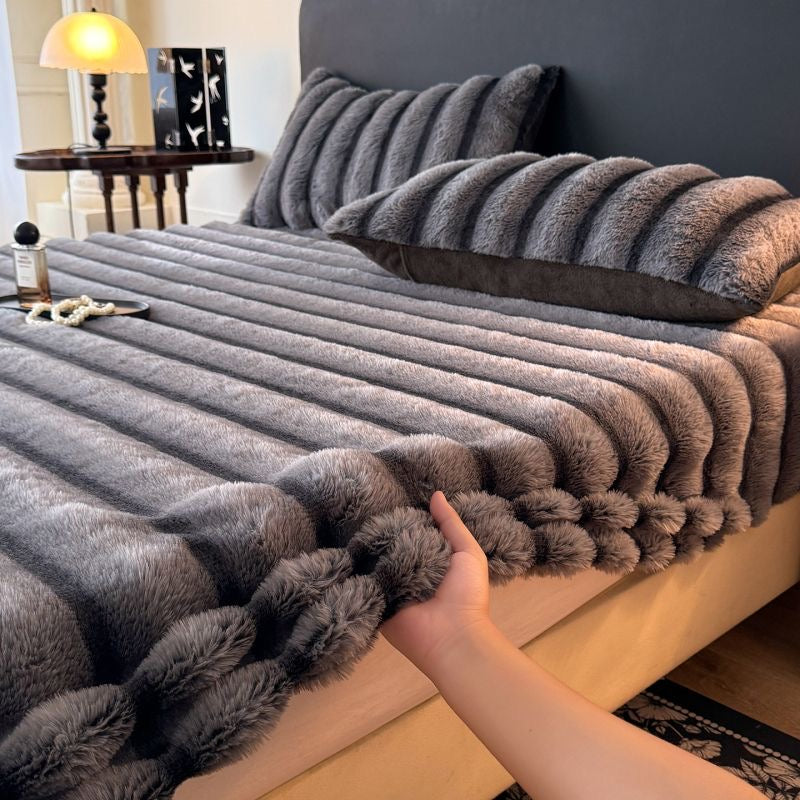 Classic Luxury Soft Faux Rabbit Fur Striped Mattress Cover Bed Sheet Set