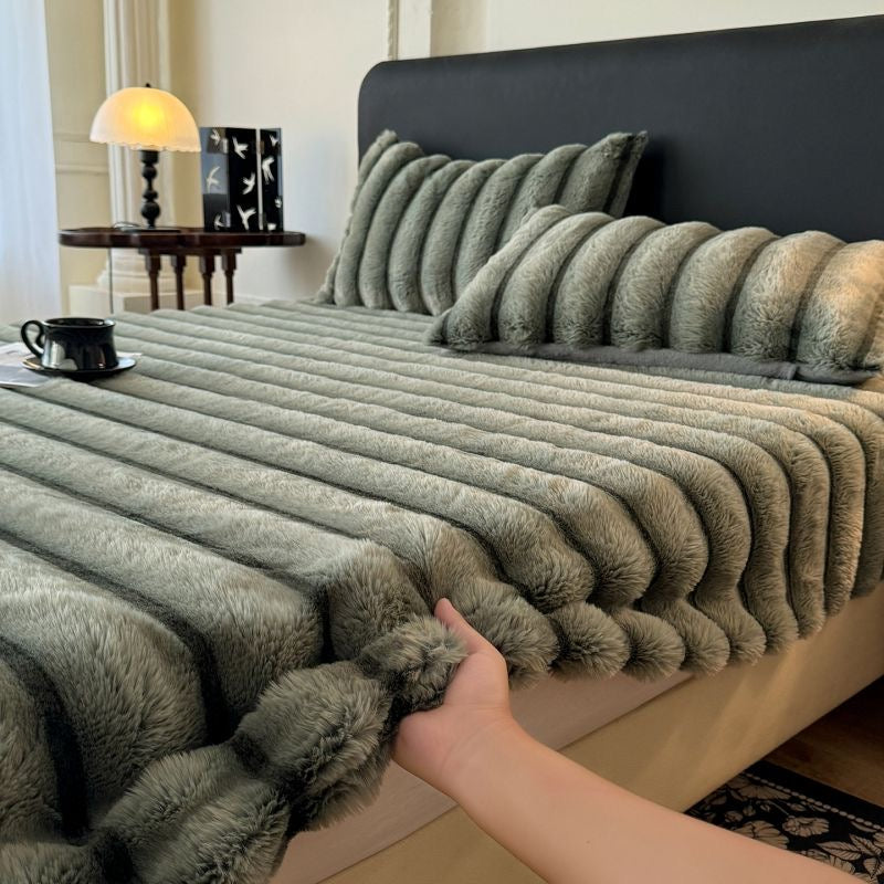 Classic Luxury Soft Faux Rabbit Fur Striped Mattress Cover Bed Sheet Set