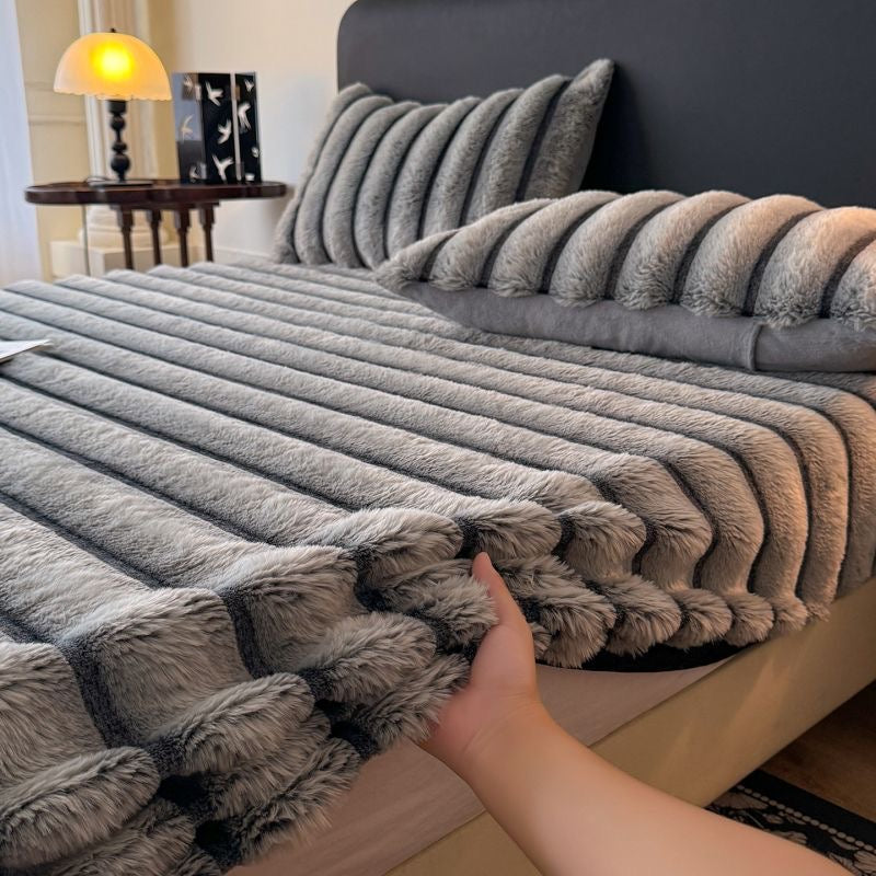 Classic Luxury Soft Faux Rabbit Fur Striped Mattress Cover Bed Sheet Set
