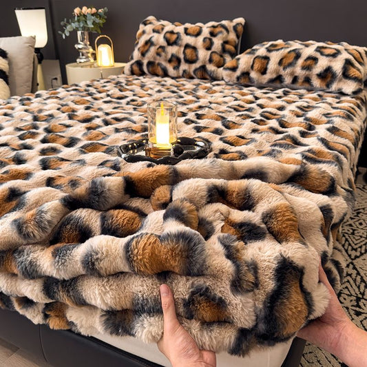 3 Pieces Luxury Faux Rabbit Fur Thick Plush Fluffy Fitted Bed Sheet Cover Set