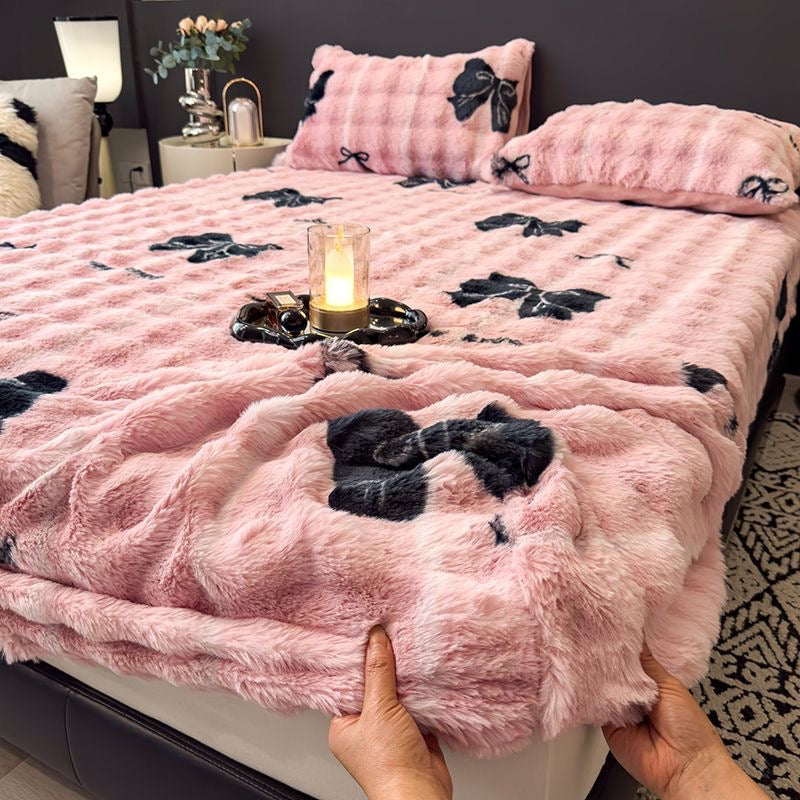 3 Pieces Luxury Faux Rabbit Fur Thick Plush Fluffy Fitted Bed Sheet Cover Set