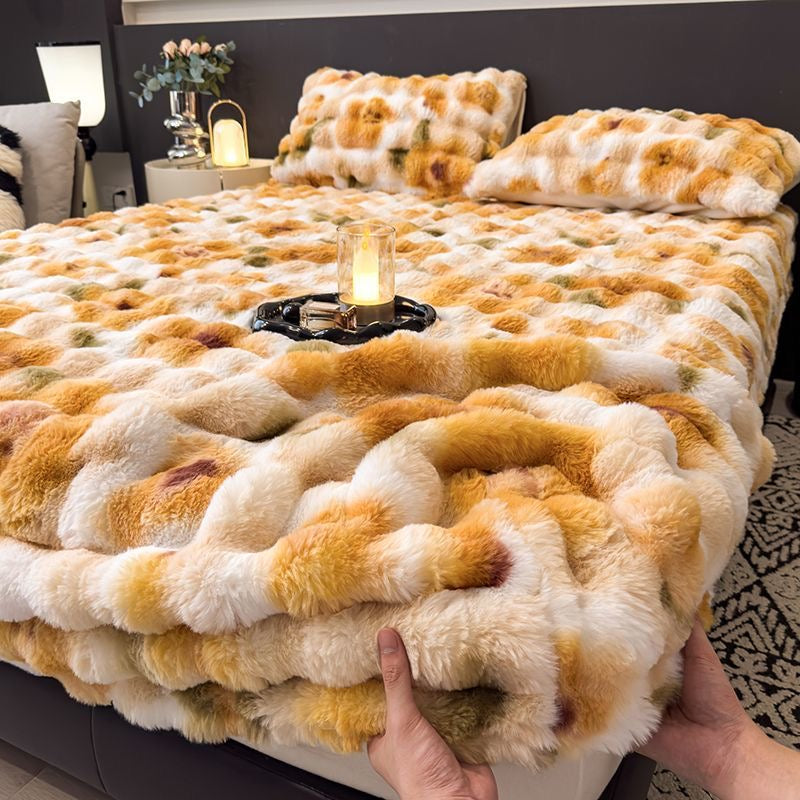 3 Pieces Luxury Faux Rabbit Fur Thick Plush Fluffy Fitted Bed Sheet Cover Set