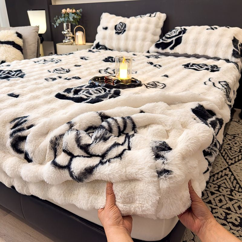 3 Pieces Luxury Faux Rabbit Fur Thick Plush Fluffy Fitted Bed Sheet Cover Set