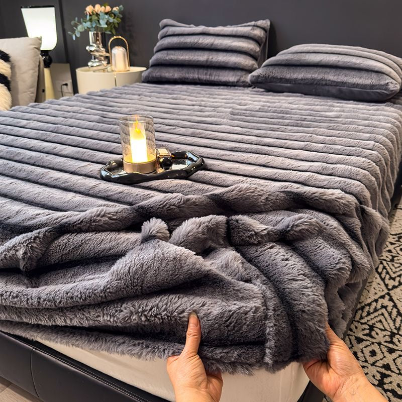 3 Pieces Luxury Faux Rabbit Fur Thick Plush Fluffy Fitted Bed Sheet Cover Set