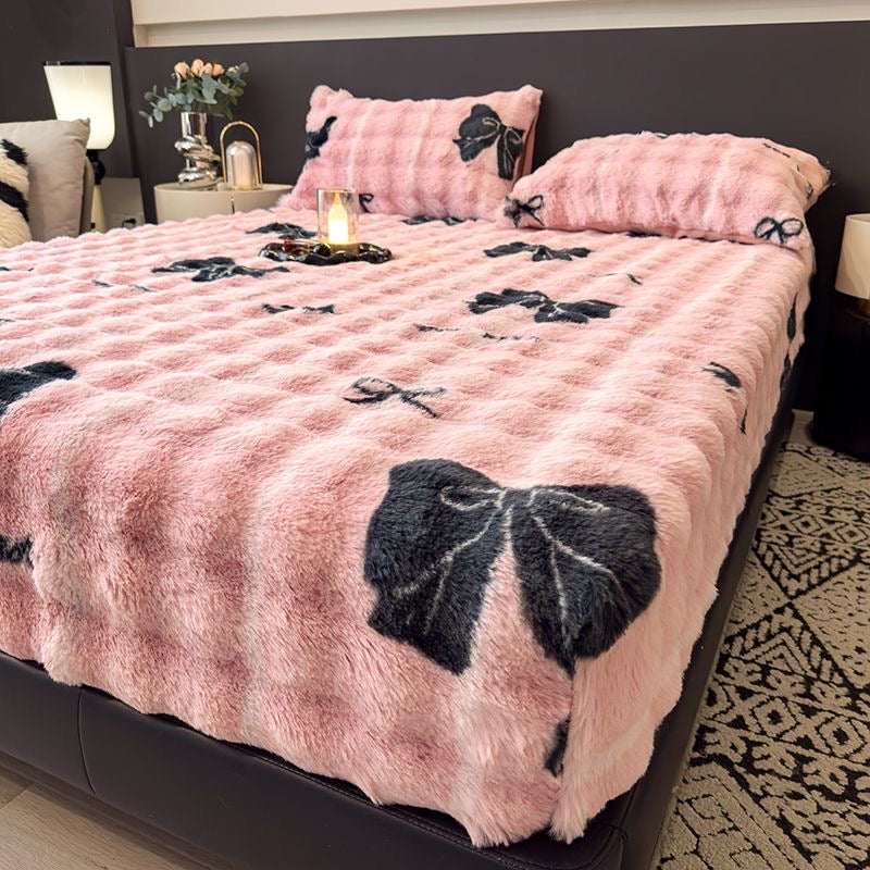 3 Pieces Luxury Faux Rabbit Fur Thick Plush Fluffy Fitted Bed Sheet Cover Set