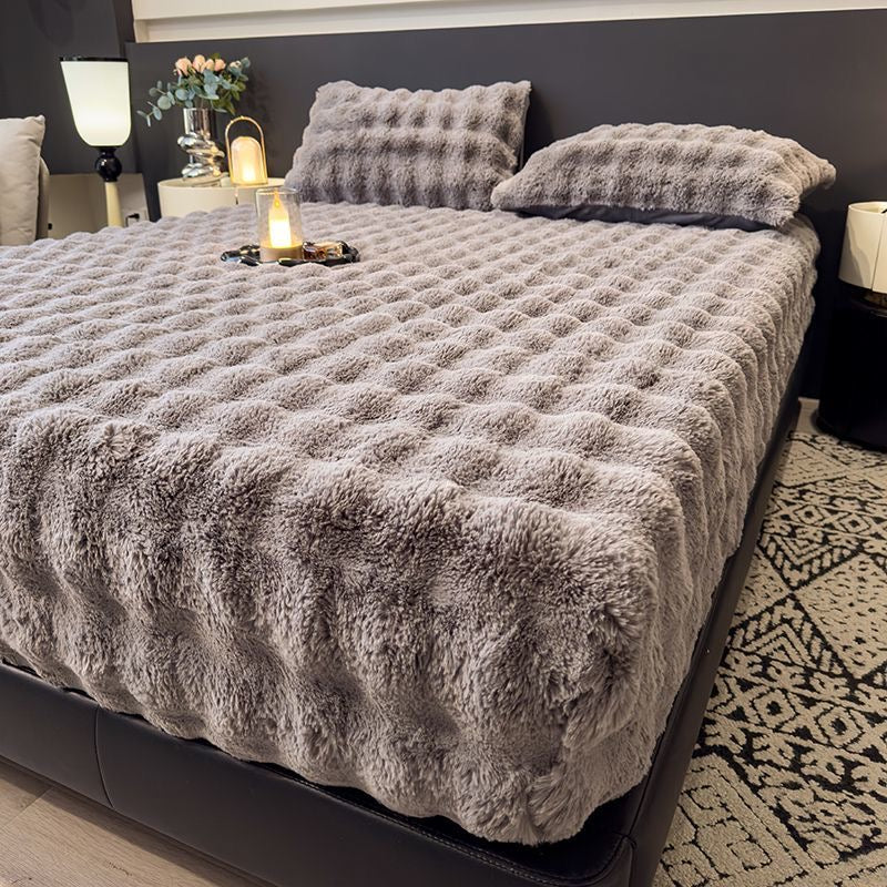3 Pieces Luxury Faux Rabbit Fur Thick Plush Fluffy Fitted Bed Sheet Cover Set