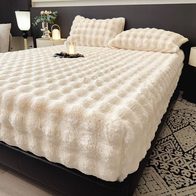 3 Pieces Luxury Faux Rabbit Fur Thick Plush Fluffy Fitted Bed Sheet Cover Set