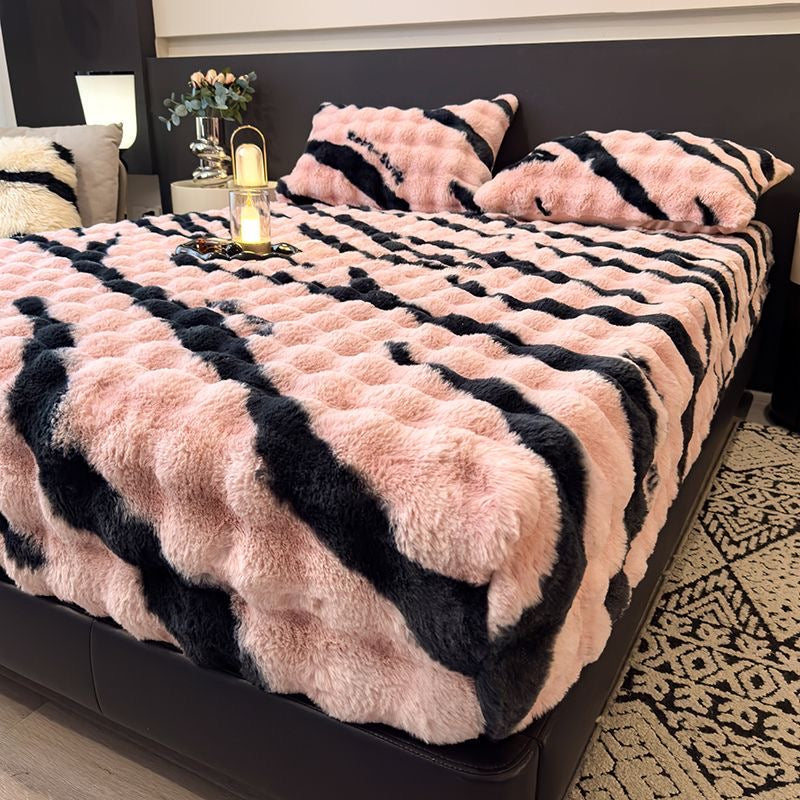 3 Pieces Luxury Faux Rabbit Fur Thick Plush Fluffy Fitted Bed Sheet Cover Set