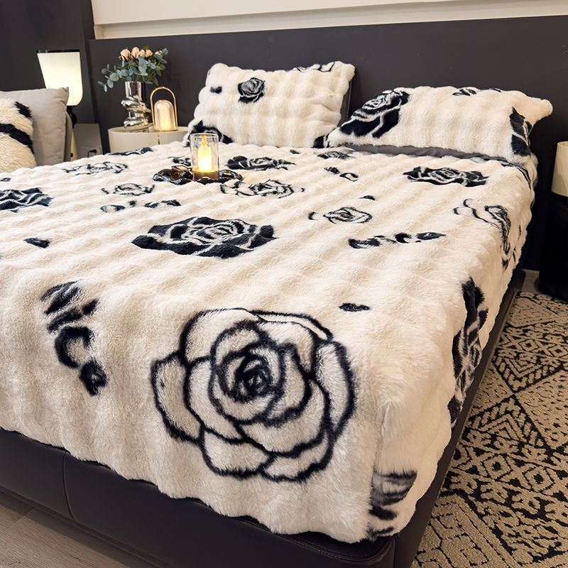 3 Pieces Luxury Faux Rabbit Fur Thick Plush Fluffy Fitted Bed Sheet Cover Set