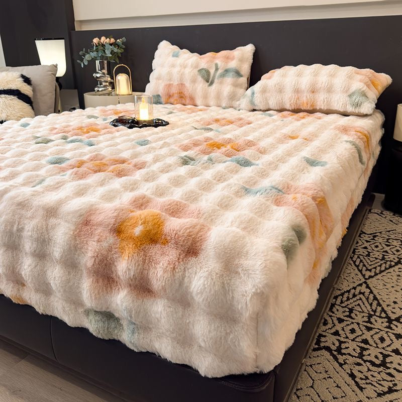 3 Pieces Luxury Faux Rabbit Fur Thick Plush Fluffy Fitted Bed Sheet Cover Set