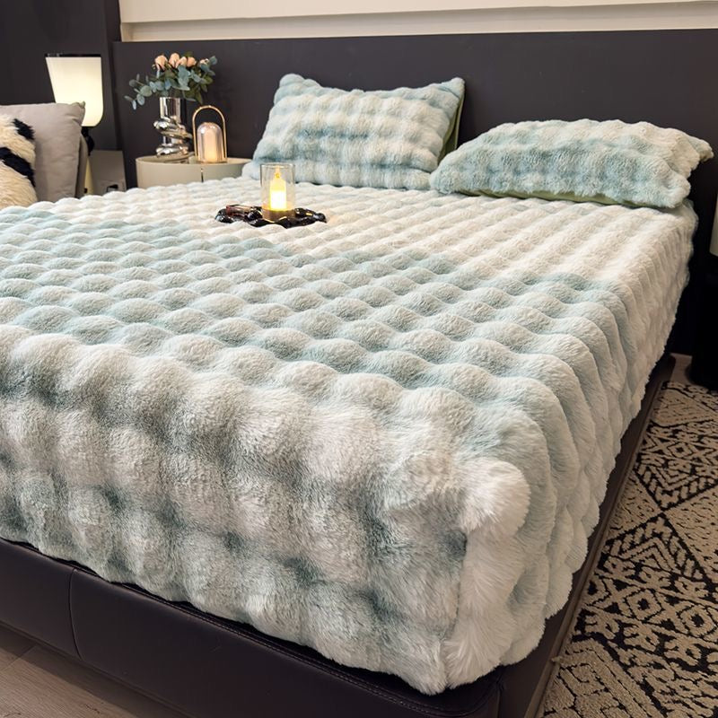 3 Pieces Luxury Faux Rabbit Fur Thick Plush Fluffy Fitted Bed Sheet Cover Set